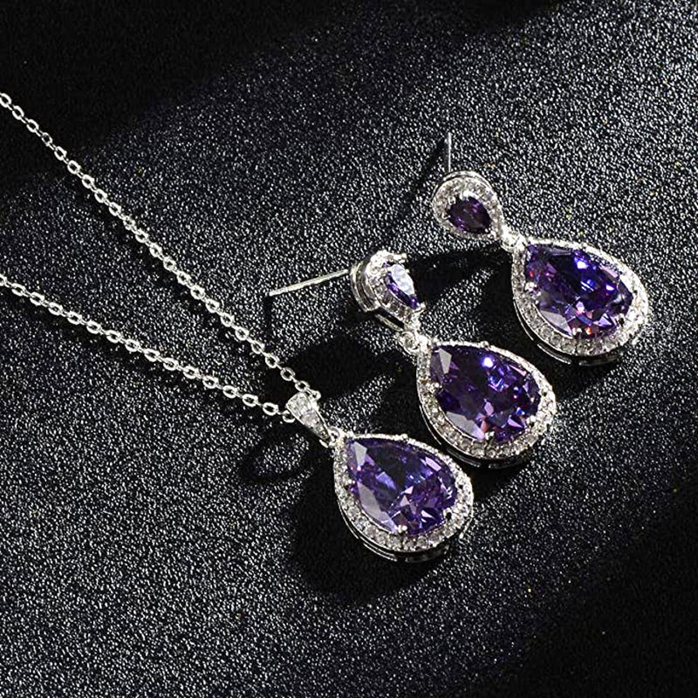 18k Plated Amethyst Teardrop CZ Crystal Zircon Rhinestone Necklace Earrings Set - Picture 1 of 6